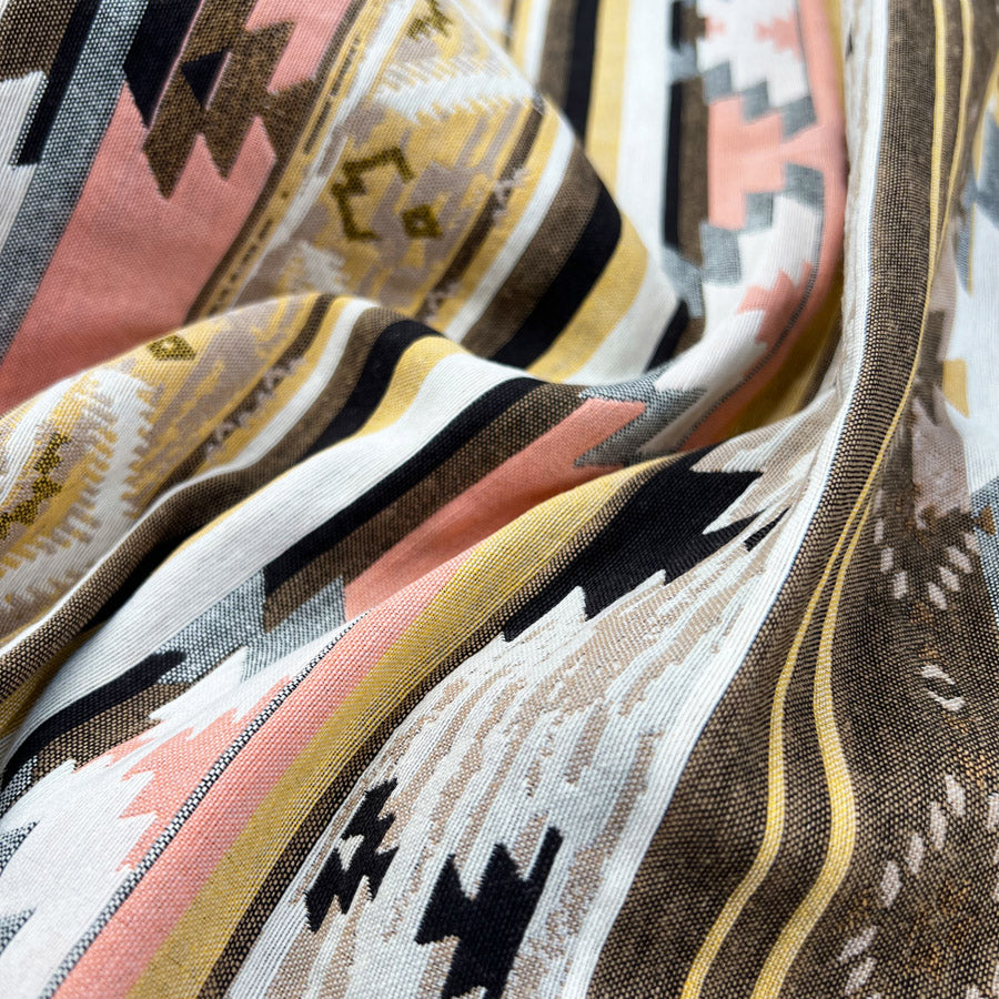 Sunset Sands Cotton Polyester Woven Aztec Pink Jacquard Brown Brocade Dress Fabric