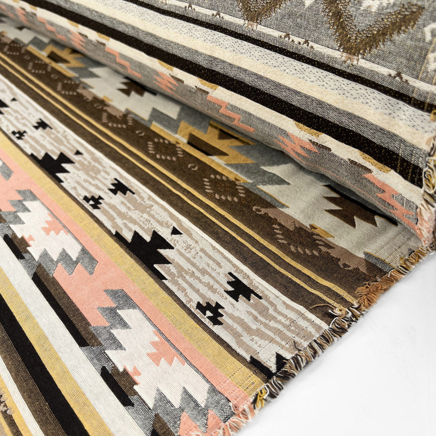 Sunset Sands Cotton Polyester Woven Aztec Pink Jacquard Brown Brocade Dress Fabric Roll
