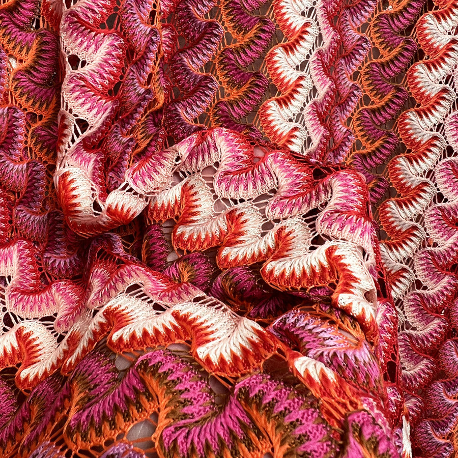 Sunset Serenade Pink Polyester Lace Crochet Beach Wear Fabric