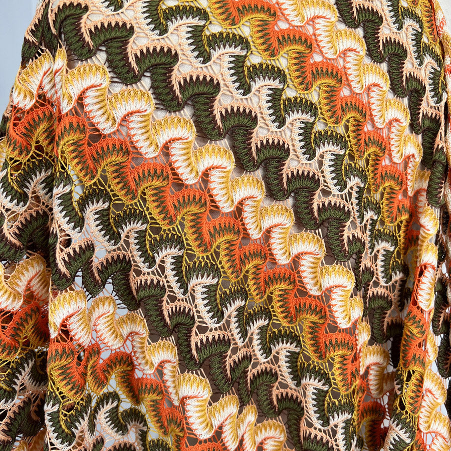 Sunset Serenade Polyester Green Orange Crochet Lace Kaftan Dress Fabric