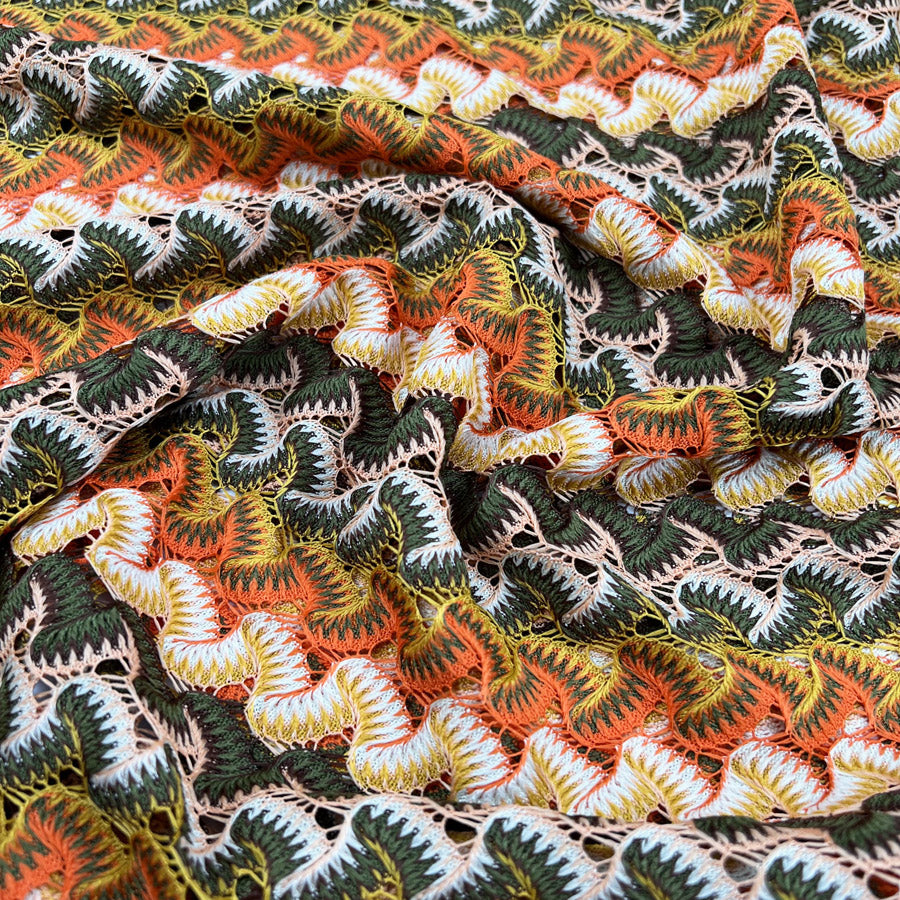 Sunset Serenade Polyester Green Orange Crochet Lace Kaftan Dress Fabric Cu1