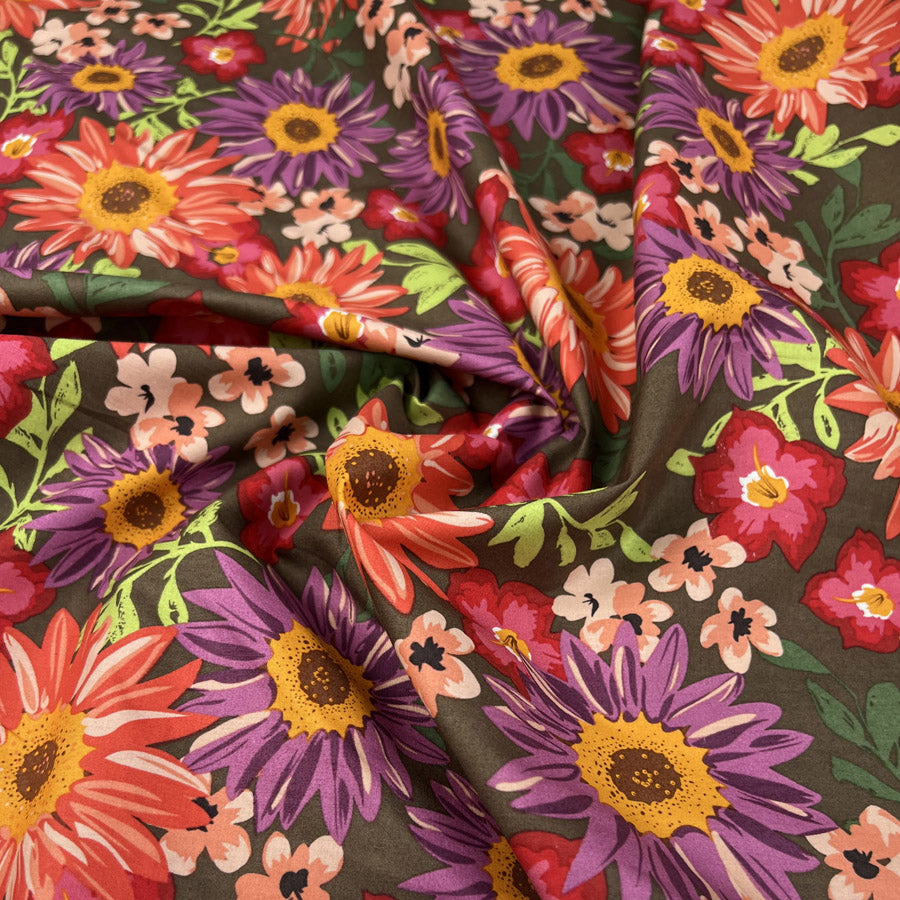Sussex Calendula Floral Orange Cotton Lawn Brown Pink Dress Fabric