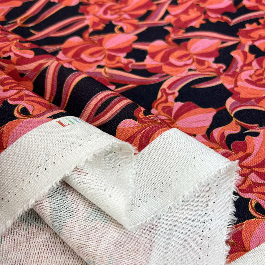 Sweet Iris Black Red Pink Floral Linen Viscose Dress Fabric Fold 5Dcc861C 0042 46C6 9Da4 Da2Adb4F0396