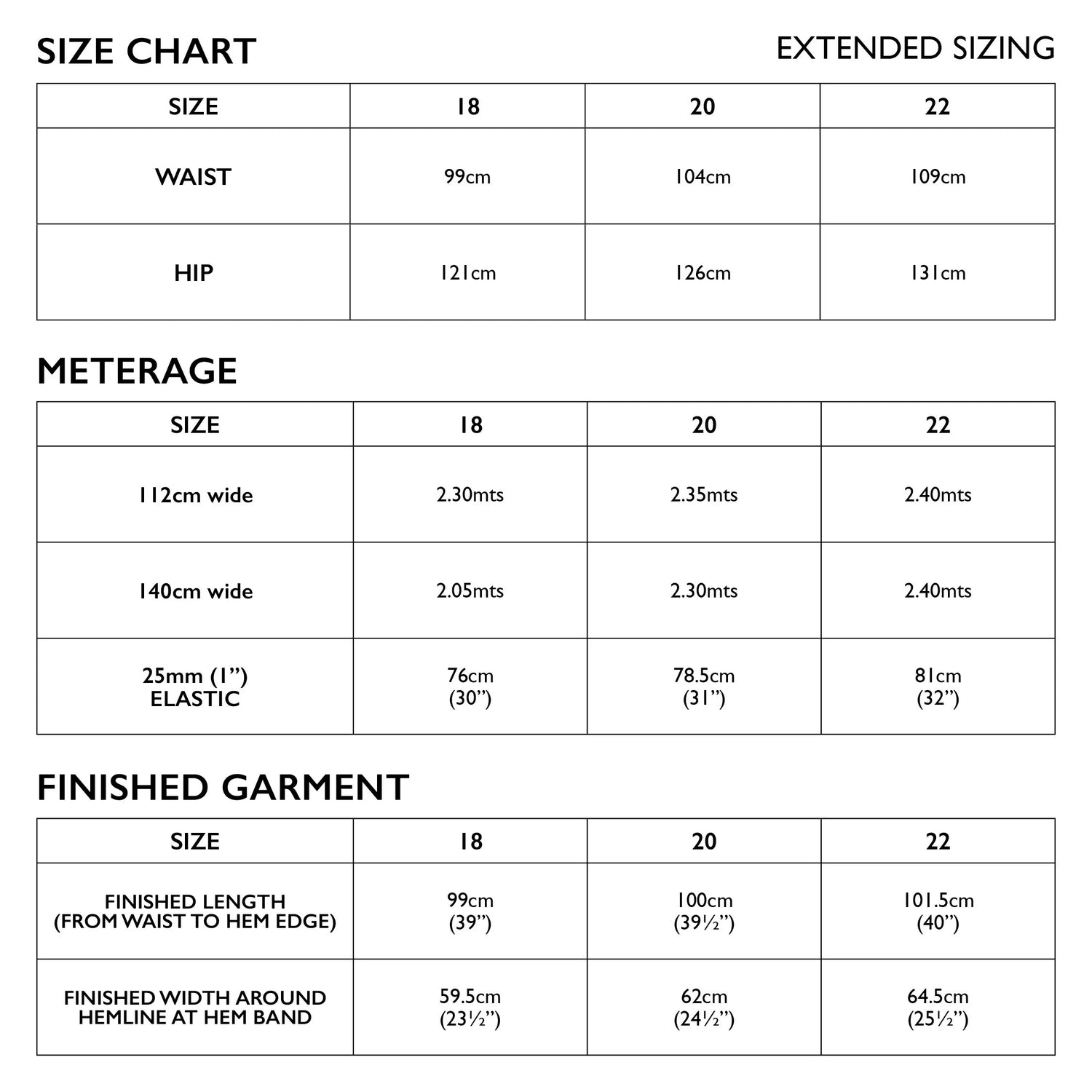 Tamiko Extended Size Chart