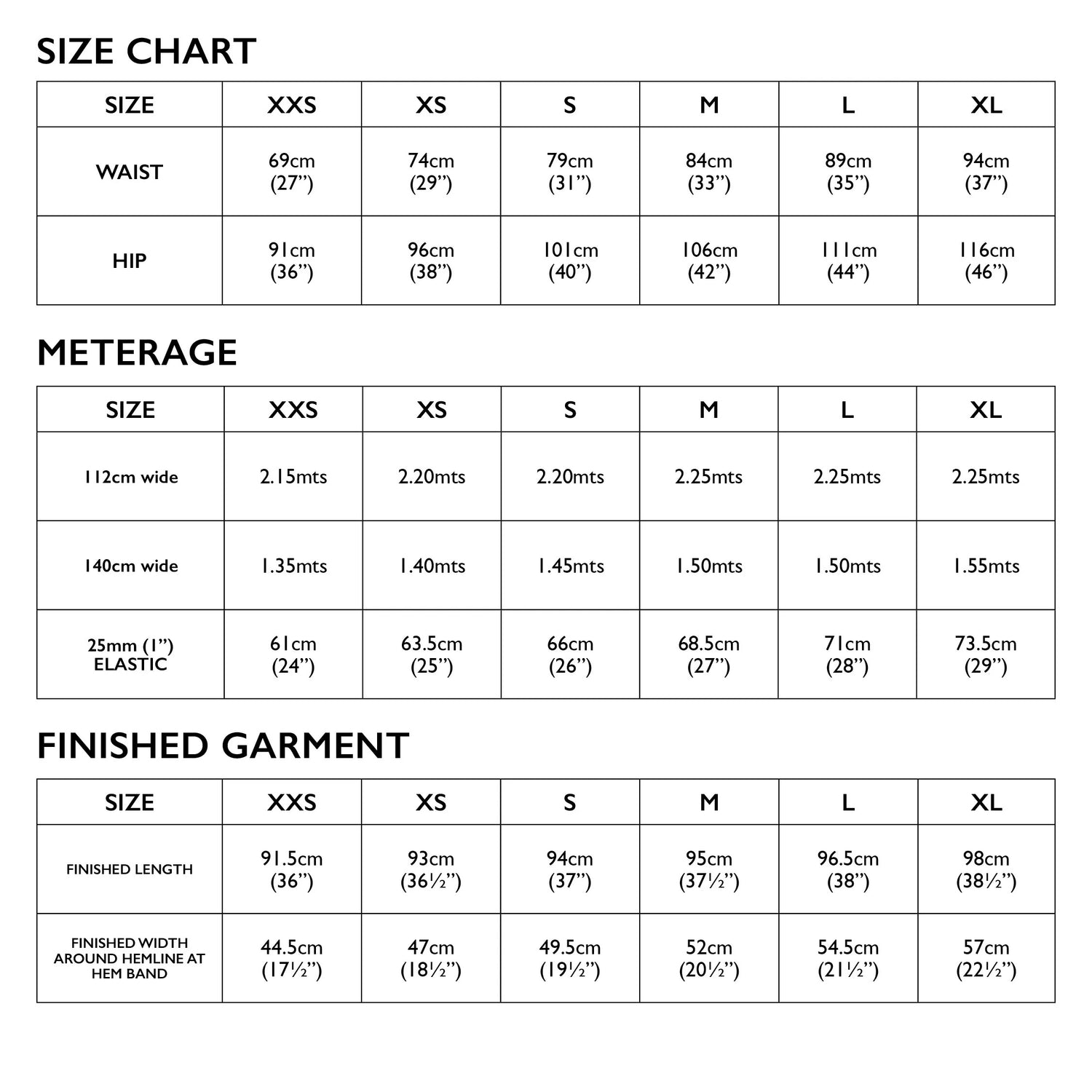 Tamiko Size Chart