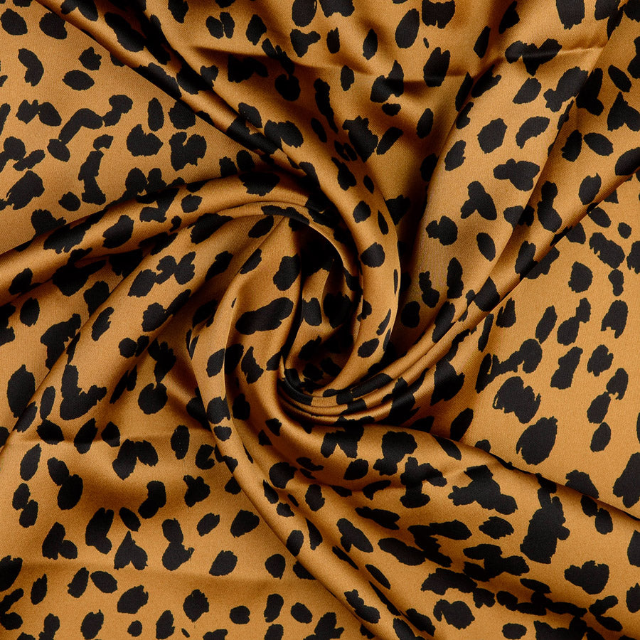 Tanza Gold Black Cheetah Print Polyester Satin Dress Fabric Twist