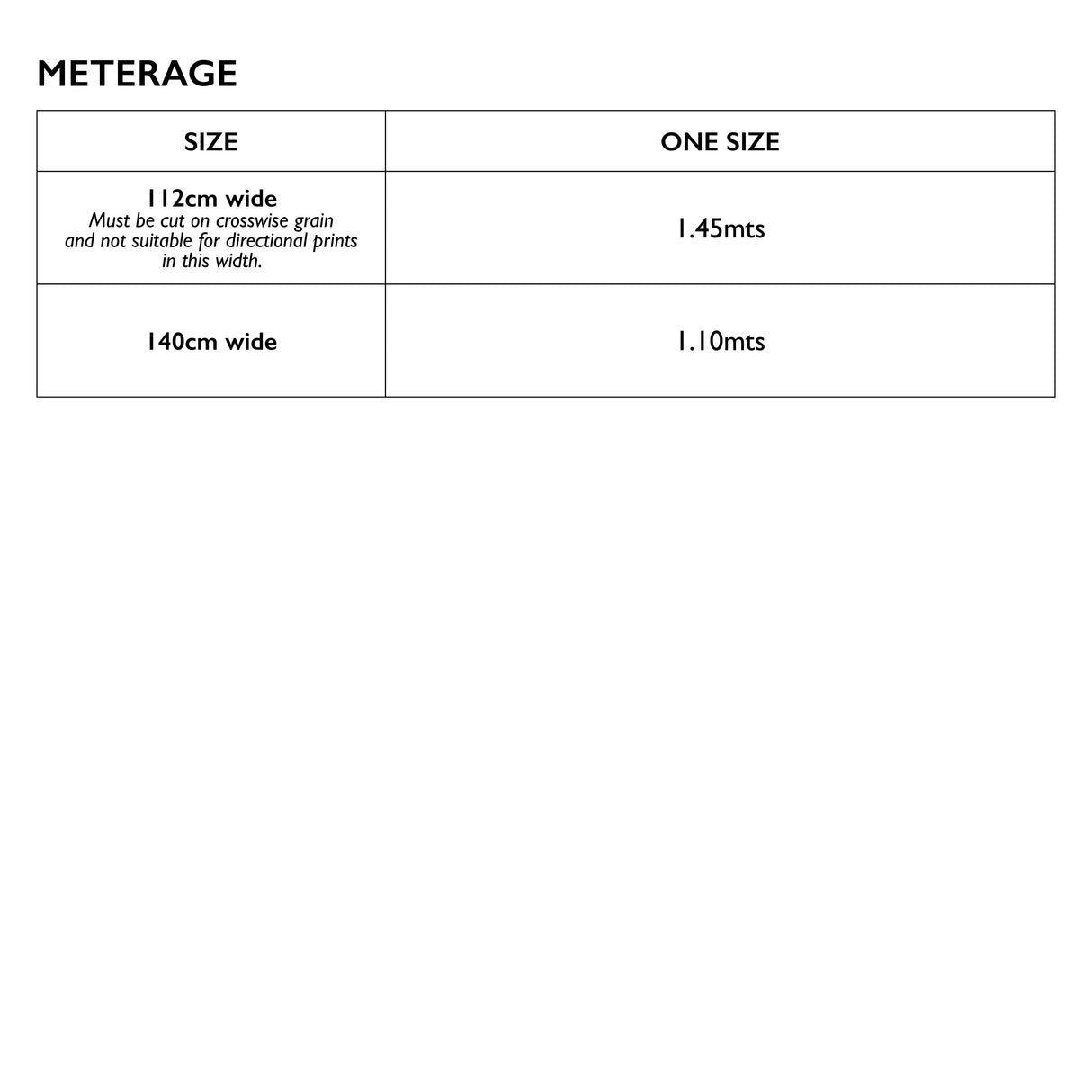Tessuti Apron Size Chart