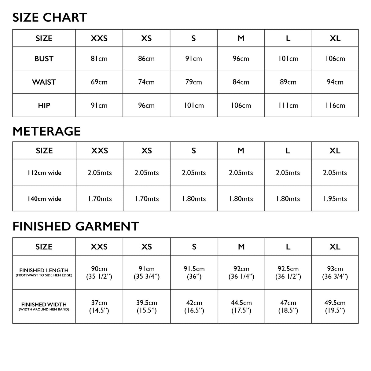 Tessuti Demi Pant Pattern Size Chart