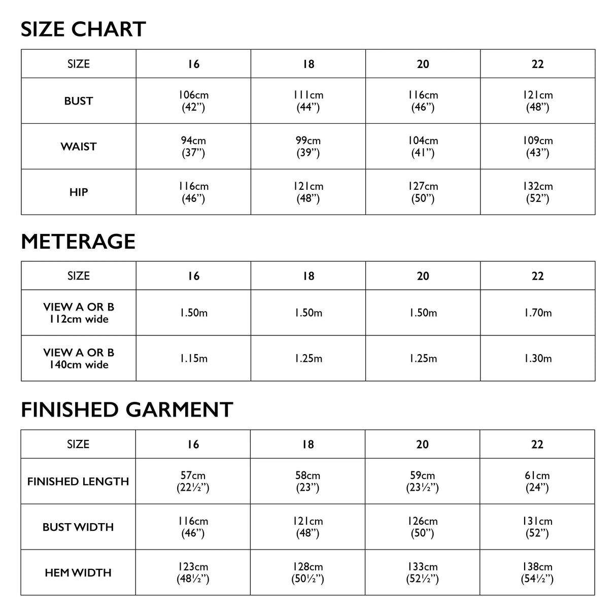 Tessuti Kate Top Sewing Pattern Size Chart 16 22