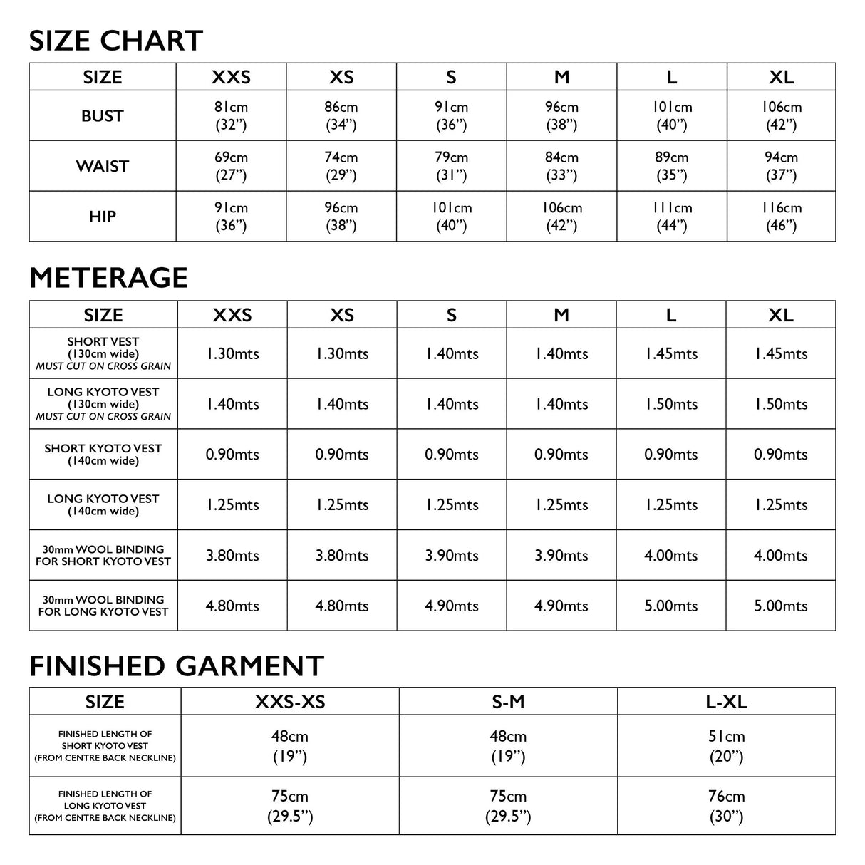 Tessuti Kyoto Vest Sewing Pattern Uk Xxs Xl Size Chart