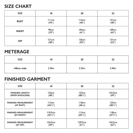 Tessuti Ophelia Dress Pattern Size Chart 18 22