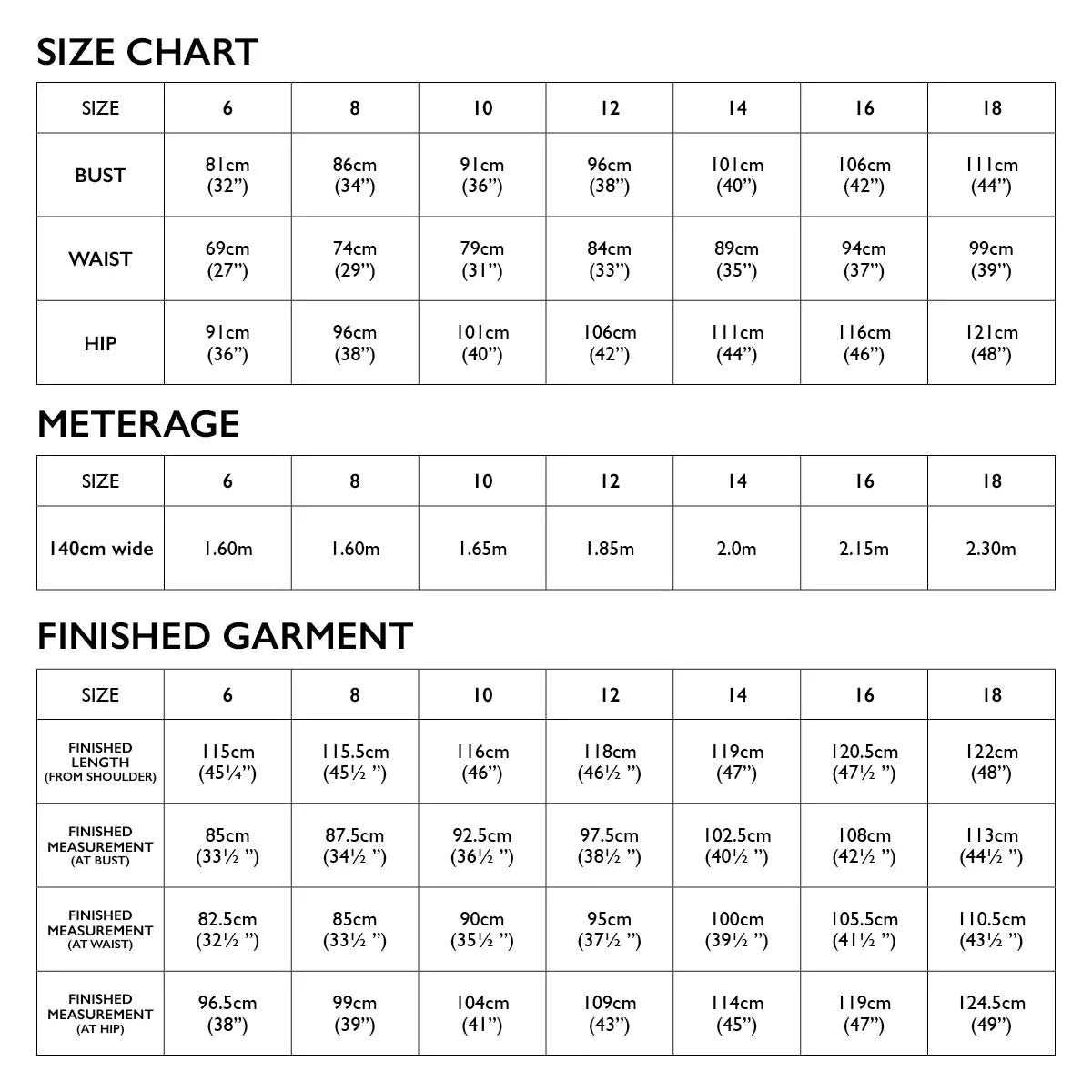 Tessuti Ophelia Dress Pattern Size Chart 6 18