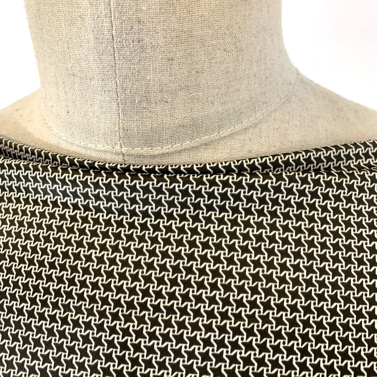 The Rachel Houndstooth Microdolly Brown Cream Stretch Dress Fabric Neck Close Up Fabric Photo Custom