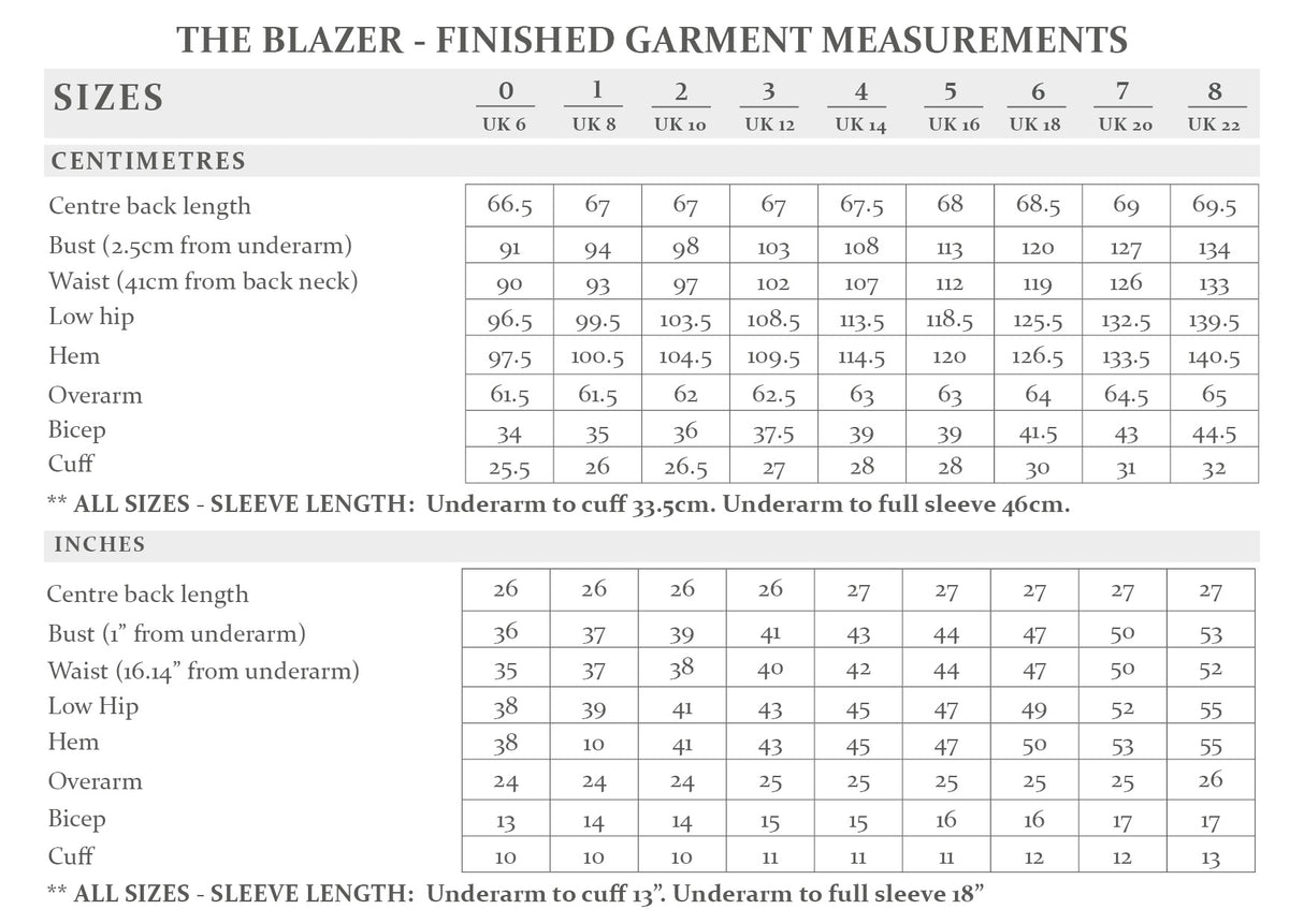 The Avid Seamstress Blazer Finished Garment Measurements