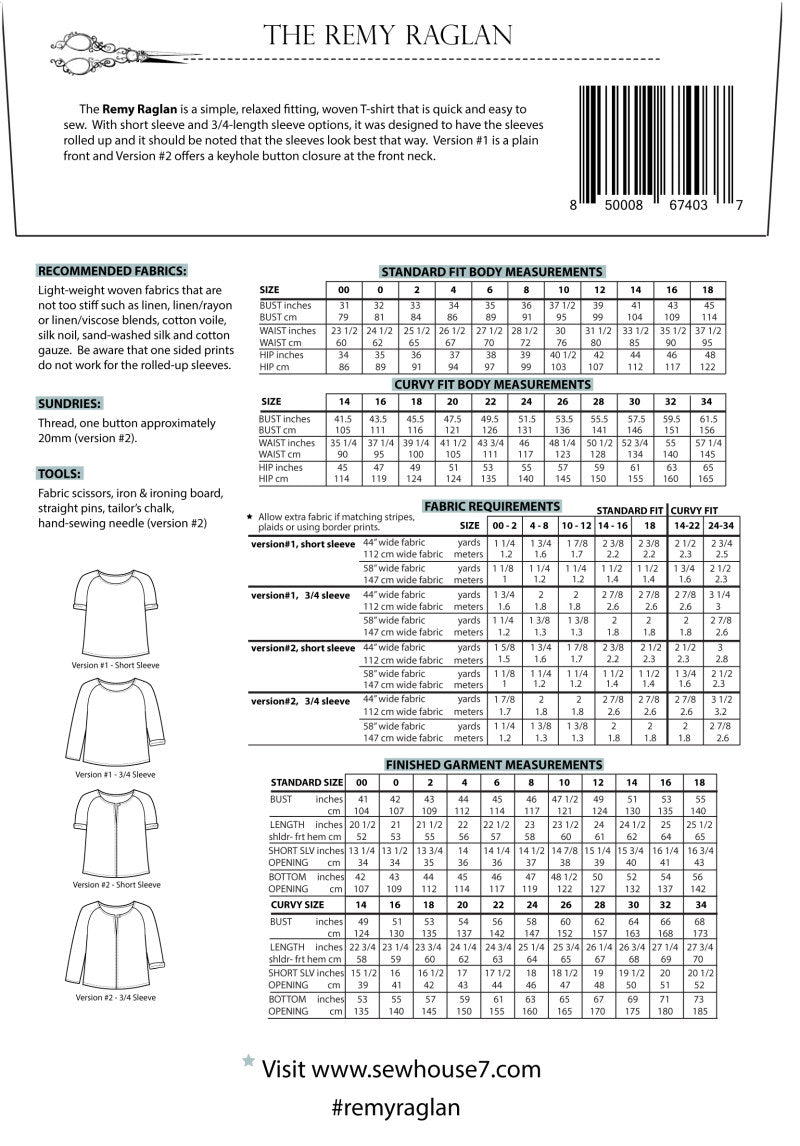 The Remy Raglan Top Pattern By Sew House Back Cover