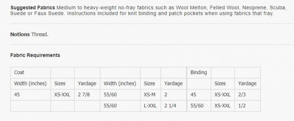 The Sewing Workshop Chateau Coat Pattern Sizes