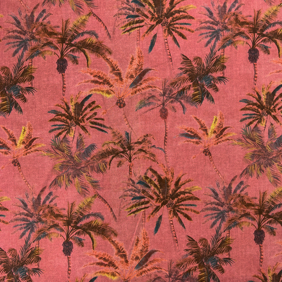 Tropical Sunset Linen Cotton Red Pink Palm Tree Print Fabric Woven In Germany