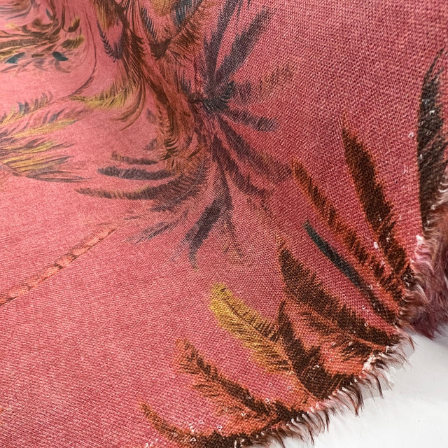 Tropical Sunset Linen Cotton Red Pink Palm Tree Print Fabric Woven In Germany Roll