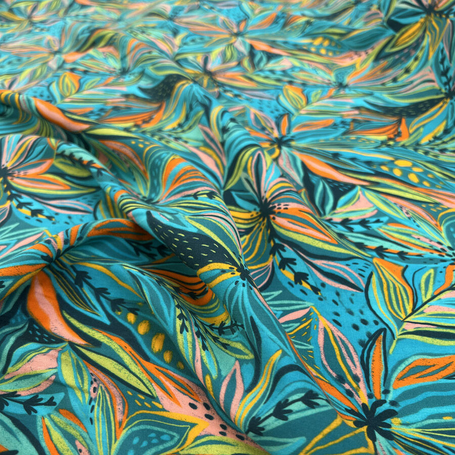 Tropical Twist Viscose Leaf Print Blue Green Orange Dress Fabric