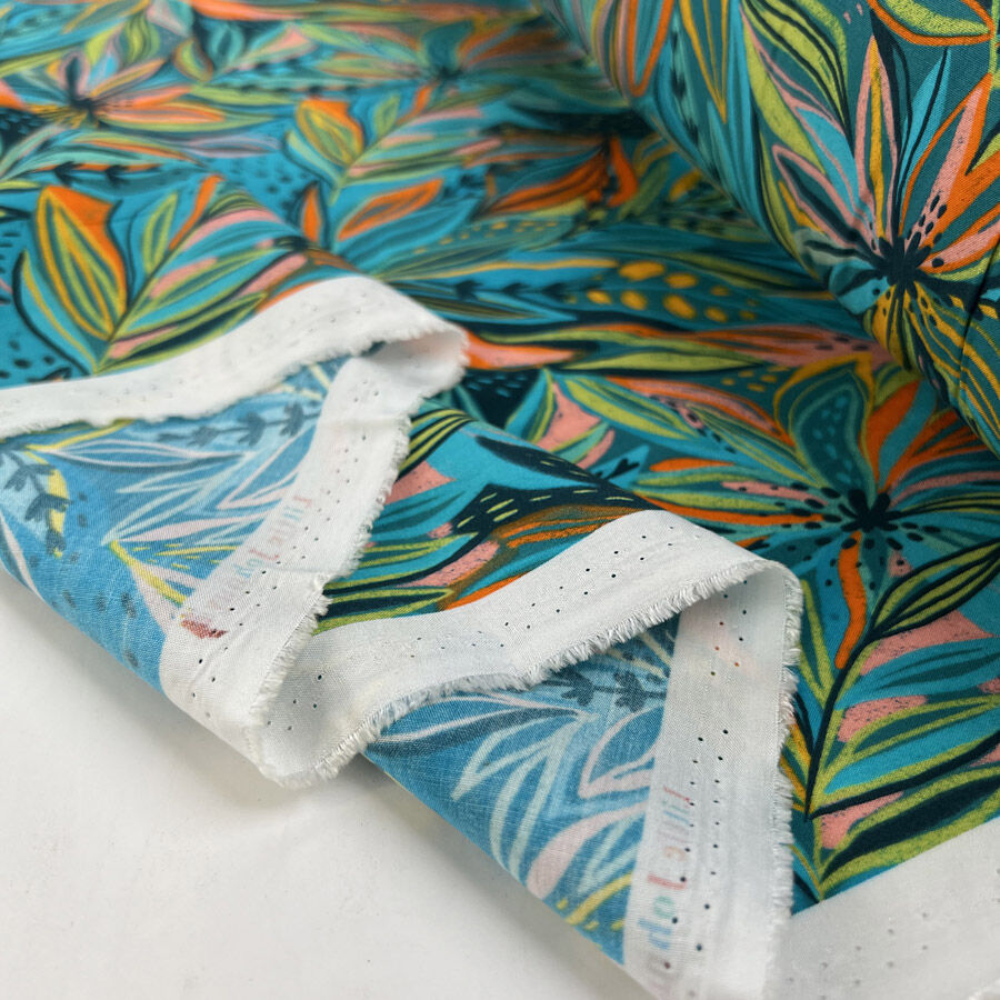 Tropical Twist Viscose Leaf Print Blue Green Orange Dress Fabric Fold
