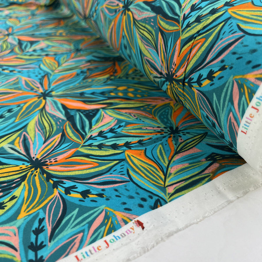 Tropical Twist Viscose Leaf Print Blue Green Orange Dress Fabric Roll