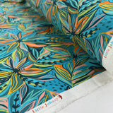 Tropical Twist Viscose Leaf Print Blue Green Orange Dress Fabric Roll