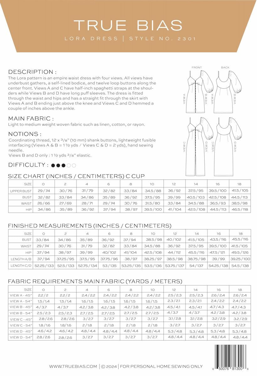 True Bias Lora Dress Sewing Pattern Back Cover