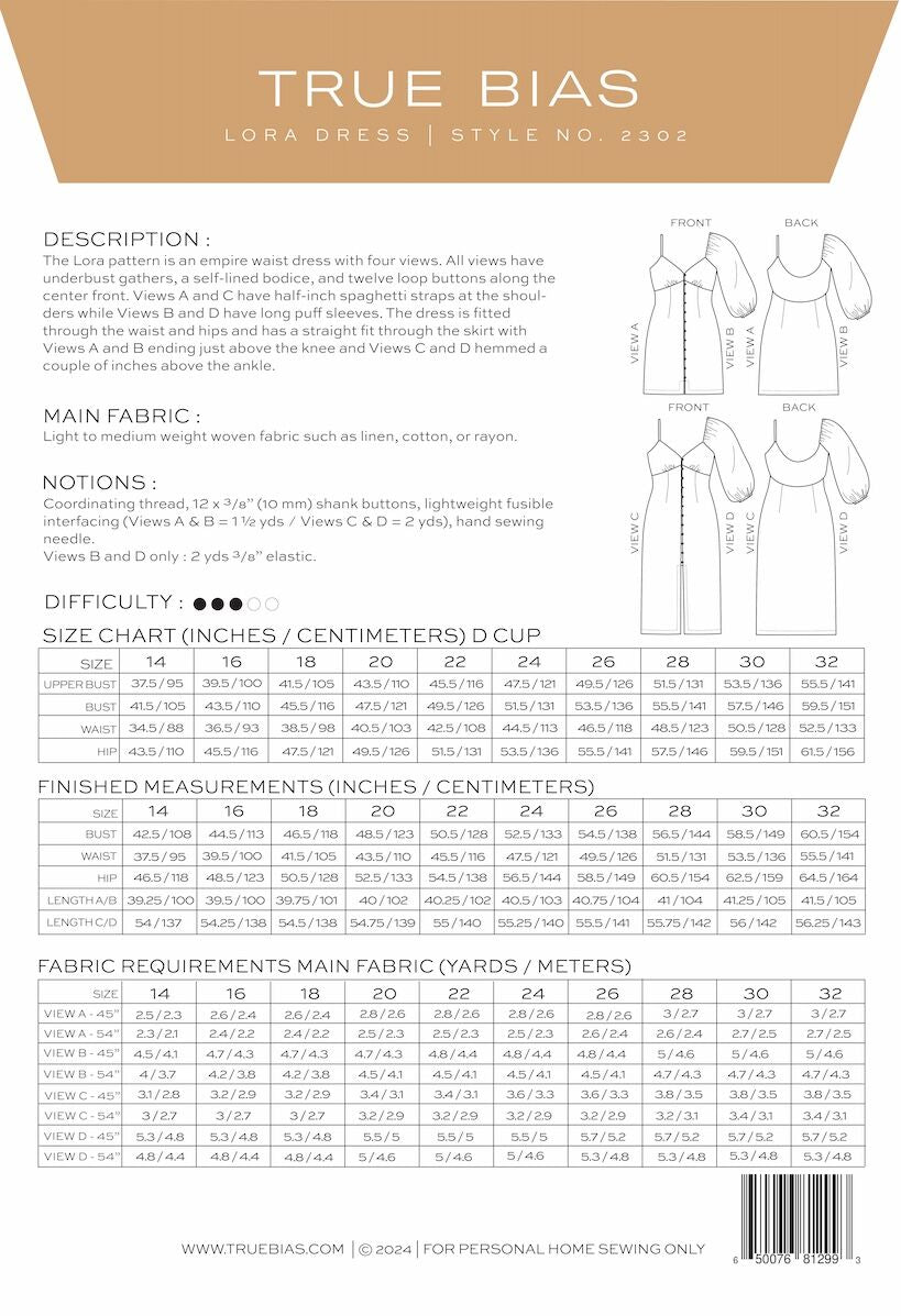 True Bias Lora Dress Sewing Pattern Us 14 32 Back