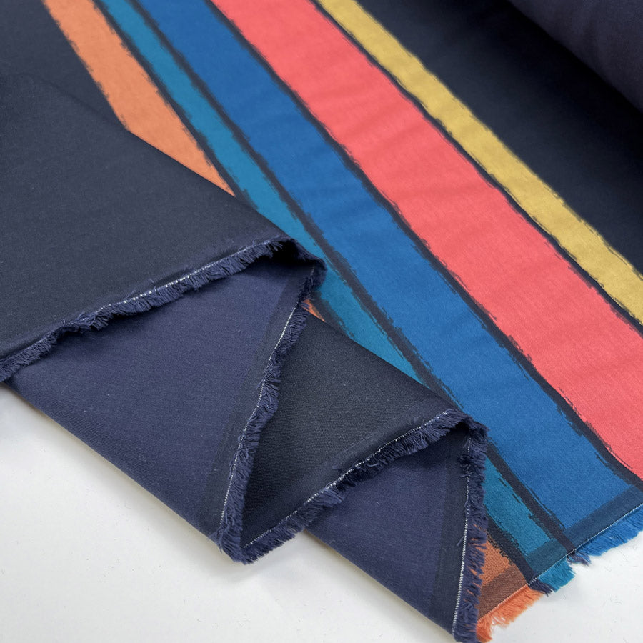 Two Way Stripe Panel Navy Woven Dress Fabric Fold