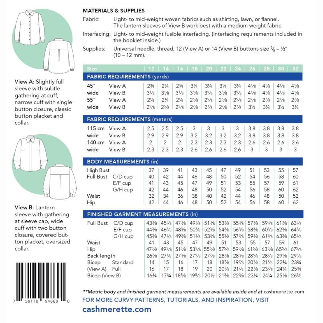 Vernon Shirt 12 32 Size Pattern By Cashmerette Pp2105 8