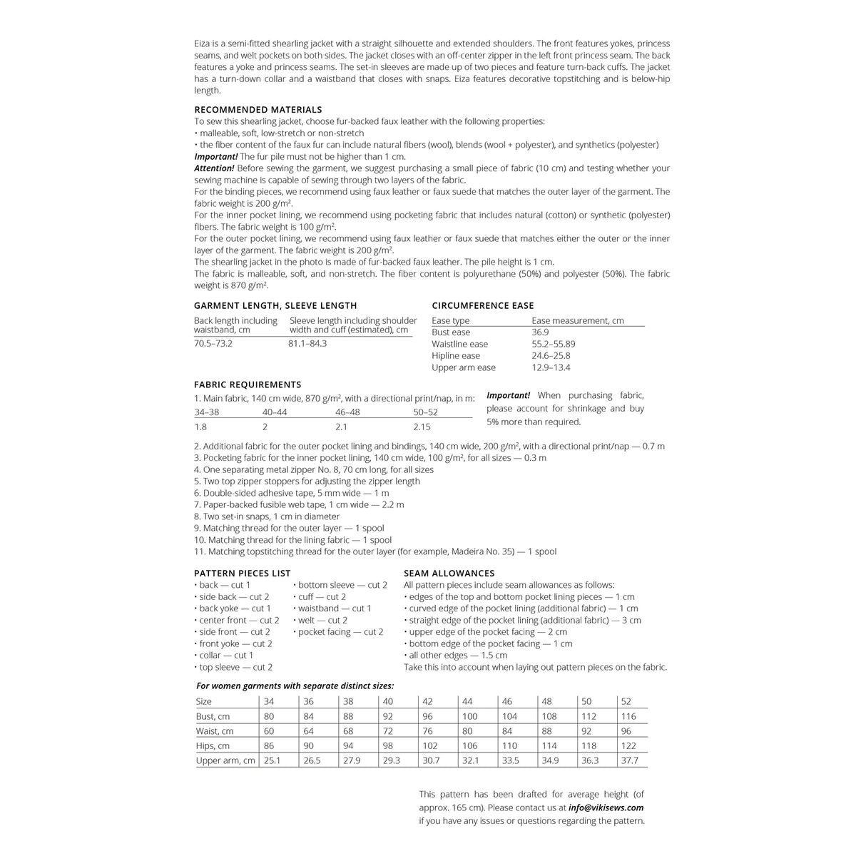 Vikisews Eiza Shearling Jacket Pattern Sizechart2