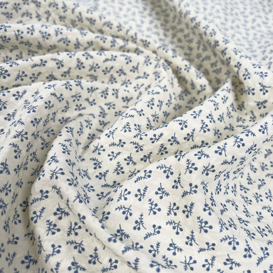 Vintage Seersucker Blue Sprig Cotton Stripe Floral Leaf Dress Fabric Cream