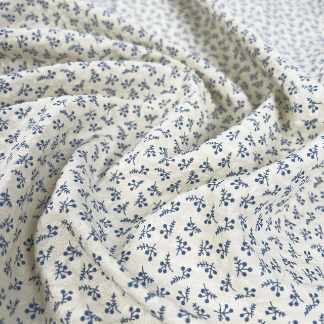 Vintage Seersucker Blue Sprig Cotton Stripe Floral Leaf Dress Fabric Cream