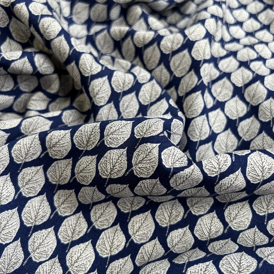 Viscose Challis Aspen Navy Blue White Leaf Print Lightweight Dress Fabric