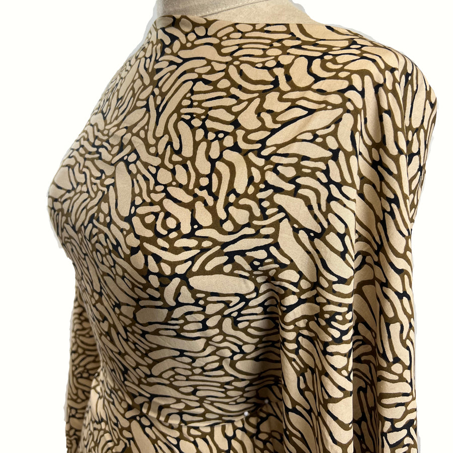 Viscose Challis Pebble Mosaic Brown Dressmaking Fabric Mannequin Side