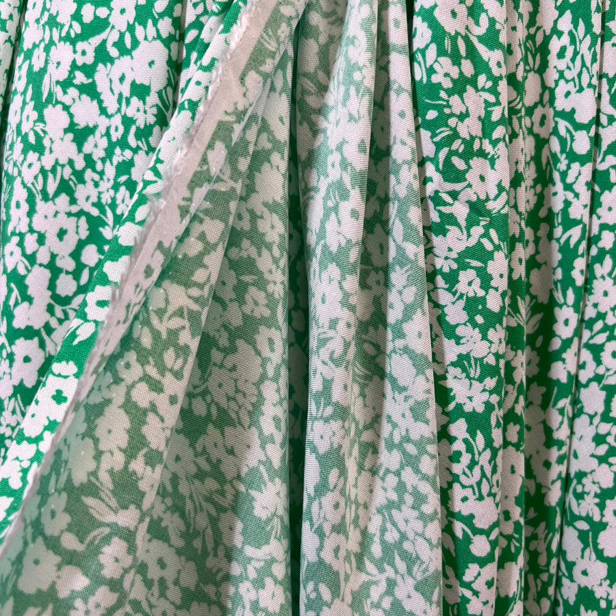 Viscose Challis Sylvan Green White Floral Dress Fabric Reverse