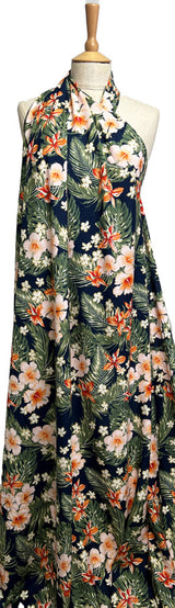 Viscose Challis The Descendants Navy Green Red Floral Leaf Print Dress Fabric Mannequin
