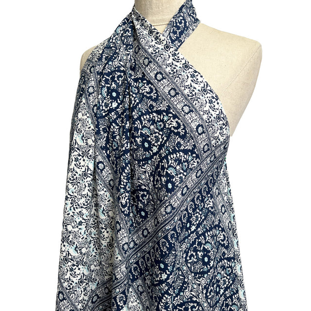 Viscose Challis Zen Paisley Blue White Abstract Floral Print Dress Fabric Side