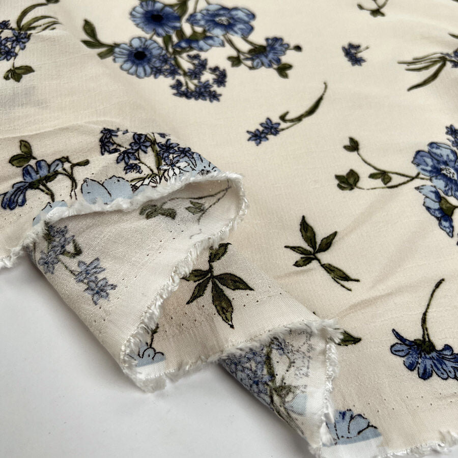 Viscose Crepe Delft Floral Blue Sand Lightweight Dress Fabric Fold