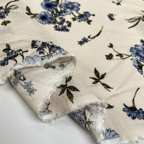 Viscose Crepe Delft Floral Blue Sand Lightweight Dress Fabric Fold