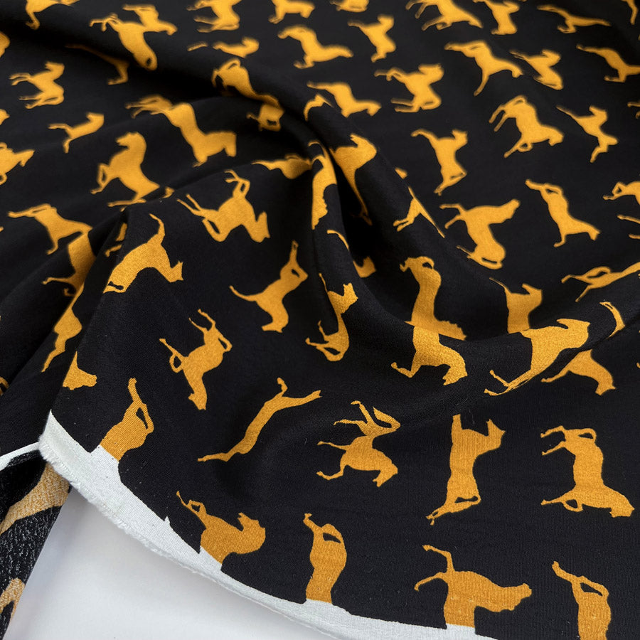 Viscose Crepe Golden Gallop Black Gold Horse Print Italian Deadstock Dress Fabric