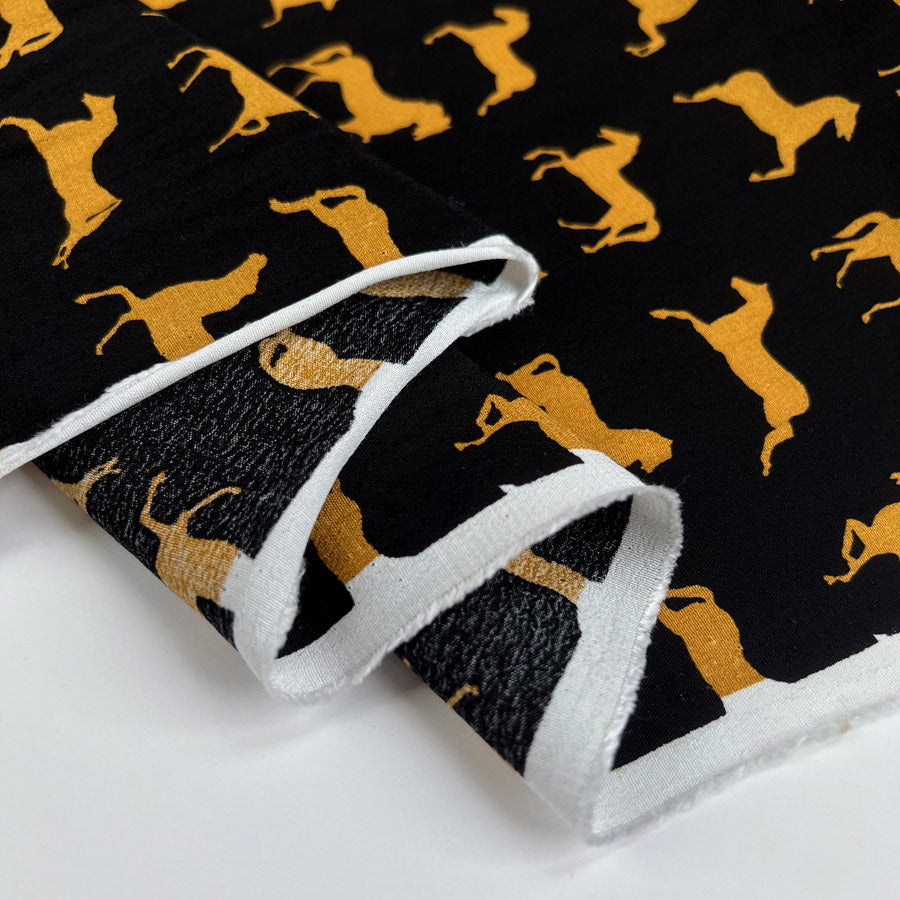 Viscose Crepe Golden Gallop Black Gold Horse Print Italian Deadstock Dress Fabric Fold