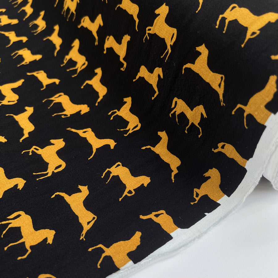 Viscose Crepe Golden Gallop Black Gold Horse Print Italian Deadstock Dress Fabric Roll