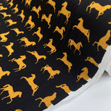 Viscose Crepe Golden Gallop Black Gold Horse Print Italian Deadstock Dress Fabric Roll