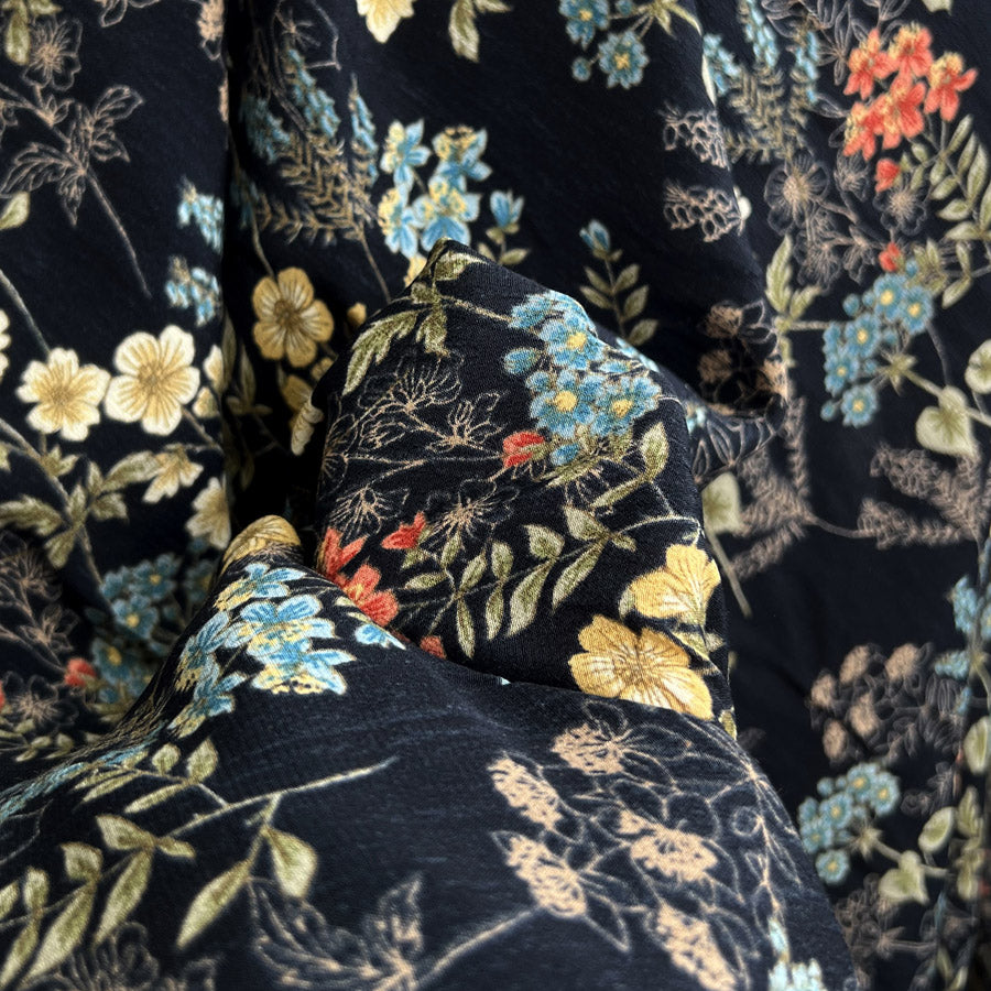 Viscose Crepe Mary Black Floral Lightweight Summer Dress Fabric