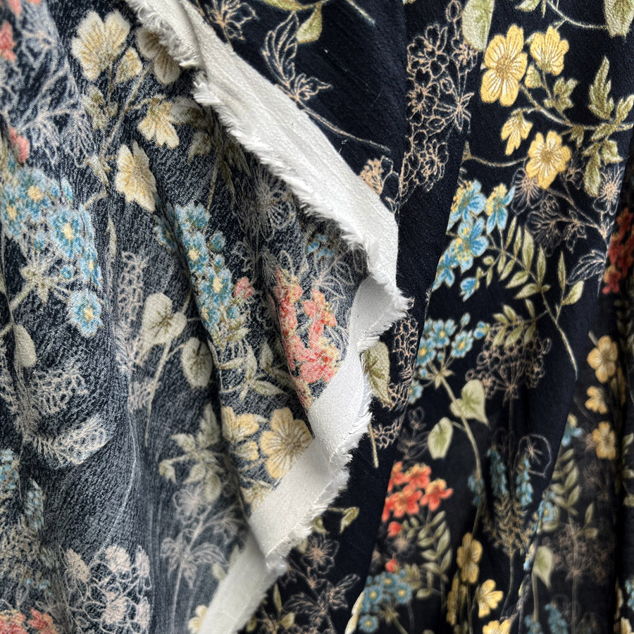 Viscose Crepe Mary Black Floral Lightweight Summer Dress Fabric Fold