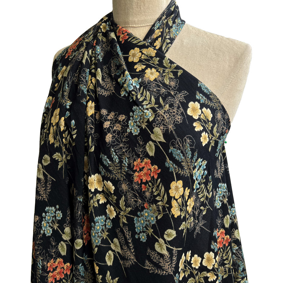 Viscose Crepe Mary Black Floral Lightweight Summer Dress Fabric Side
