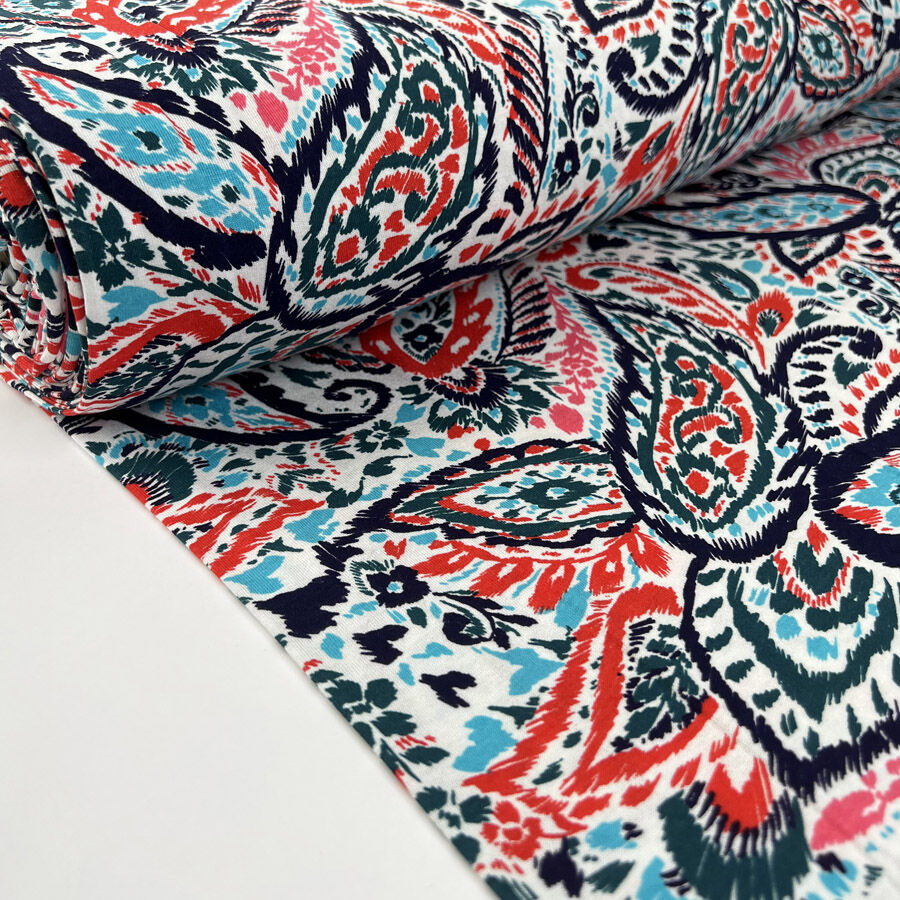 Viscose Jersey Abstract Paisley Elastane Red Blue Stretch Knit Jersey Fabric Bolt