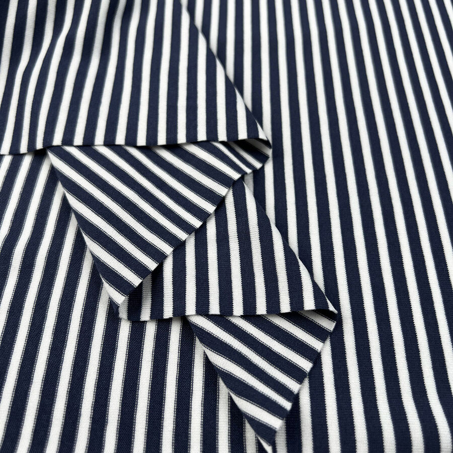 Viscose Jersey Navy Blue Stripe White Lycra Stretch Knit Fabric Fold