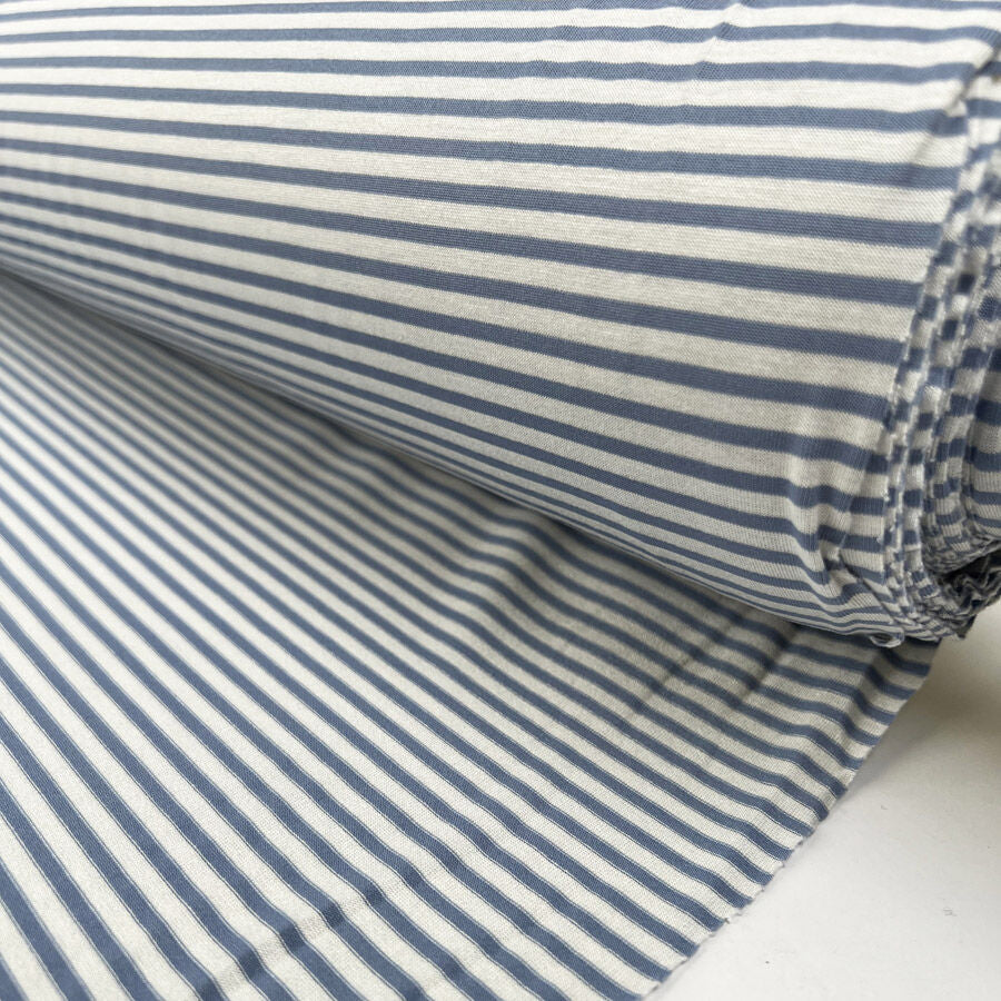 Viscose Jersey Pale Blue Stripe White Lycra Stretch Knit Fabric Roll